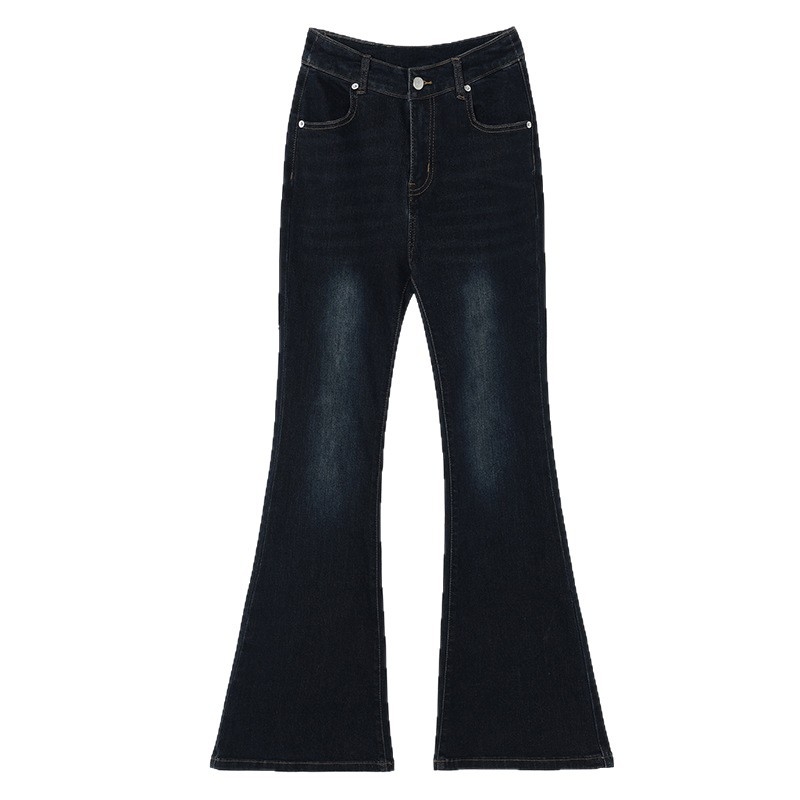 Traperice od denima s visokim strukom, bootcut s blagim širenjem, mikro-elastične; tkanina 80–90% regenerirane celulozne vlaknine i <30% spandex; jesen 2025