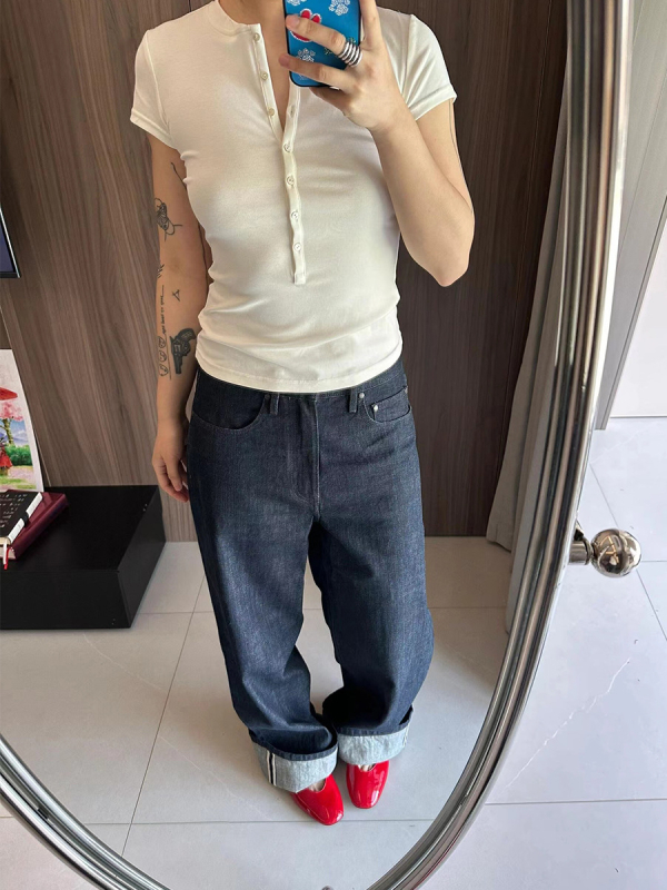 Ženske traperice od denima, visoki pojas, uspravni kroj, slobodan kroj, 95% pamuk s elastanom, tanak denim