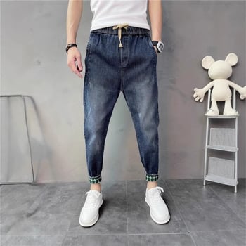 Muške elastične traperice s pojasom i vrpcom, opušteni ravni kroj, skraćena duljina