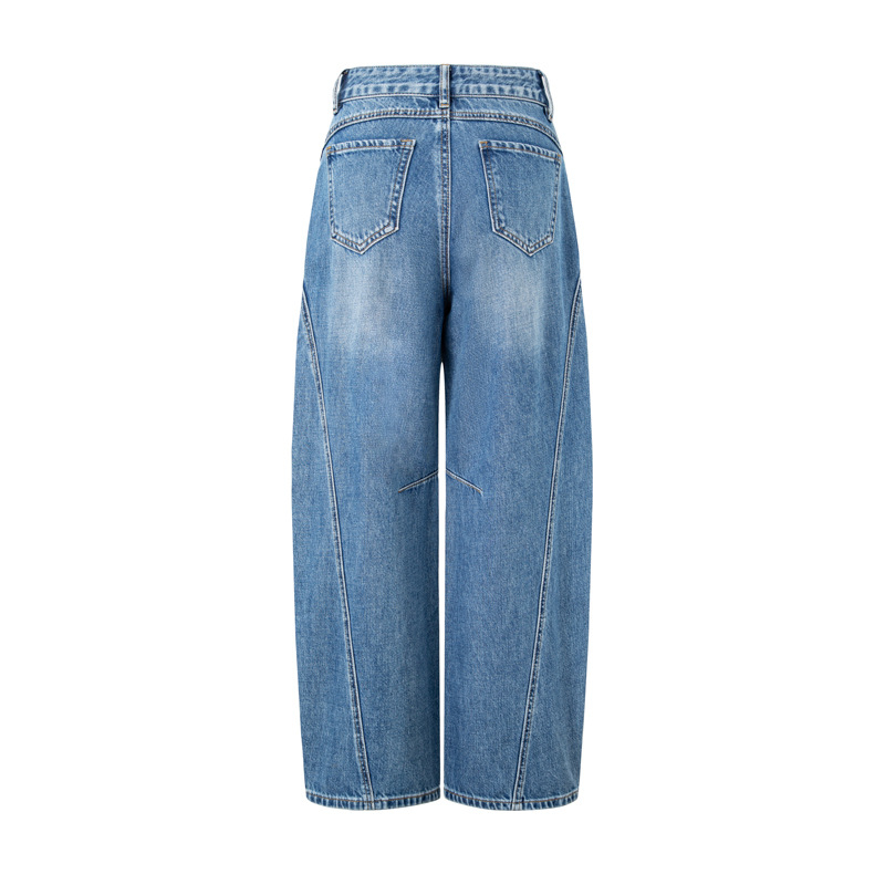 Scimitar hlače s 3D dekonstruiranim bočnim šavovima u luk za poboljšanje oblika nogu; denim s visokim strukom, pamuk i Tencel, ležerni japansko-korejski stil