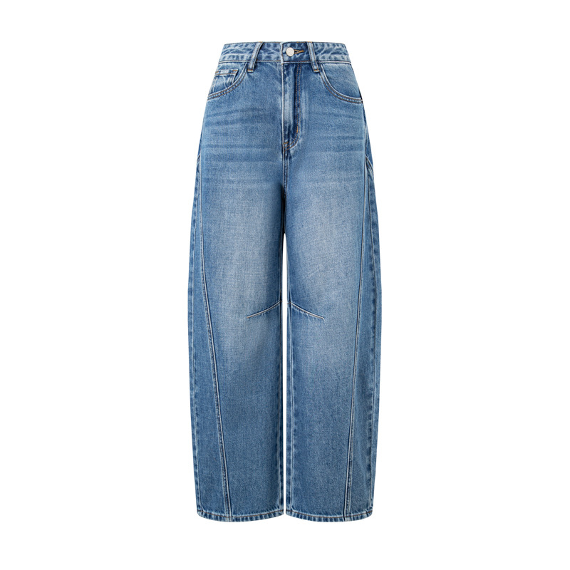 Scimitar hlače s 3D dekonstruiranim bočnim šavovima u luk za poboljšanje oblika nogu; denim s visokim strukom, pamuk i Tencel, ležerni japansko-korejski stil