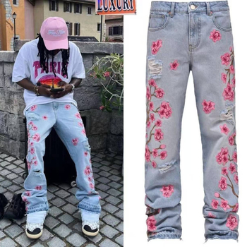 Muške traperice od denima s izvezenim detaljima, srednji pojas, zip, ravni kroj, ulični stil