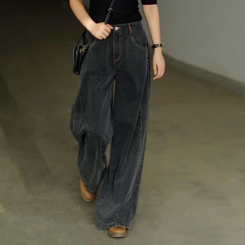 Μαύρα γυναικεία denim τζιν με μεσαίας ζώνης, επενδυμένα με φλίς και παχυνμένα, ευρεία γραμμή, μήκος μέχρι το πάτωμα, φθινοπωρο-χειμώνας, στυλ Hyuna