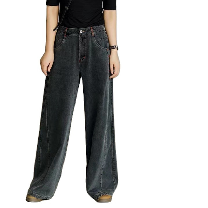 Μαύρα γυναικεία denim τζιν με μεσαίας ζώνης, επενδυμένα με φλίς και παχυνμένα, ευρεία γραμμή, μήκος μέχρι το πάτωμα, φθινοπωρο-χειμώνας, στυλ Hyuna