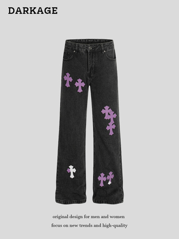 Traperice američkog street stila s kožnom aplikacijom u obliku križa, slim fit, unisex, isprane, ravne hlače, 2025