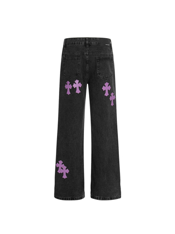 Traperice američkog street stila s kožnom aplikacijom u obliku križa, slim fit, unisex, isprane, ravne hlače, 2025