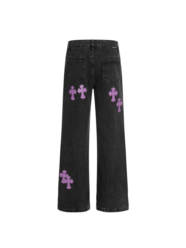 Traperice američkog street stila s kožnom aplikacijom u obliku križa, slim fit, unisex, isprane, ravne hlače, 2025