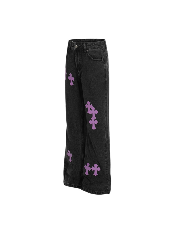 Traperice američkog street stila s kožnom aplikacijom u obliku križa, slim fit, unisex, isprane, ravne hlače, 2025