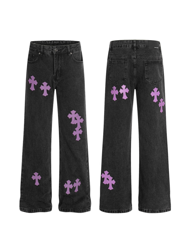 Traperice američkog street stila s kožnom aplikacijom u obliku križa, slim fit, unisex, isprane, ravne hlače, 2025