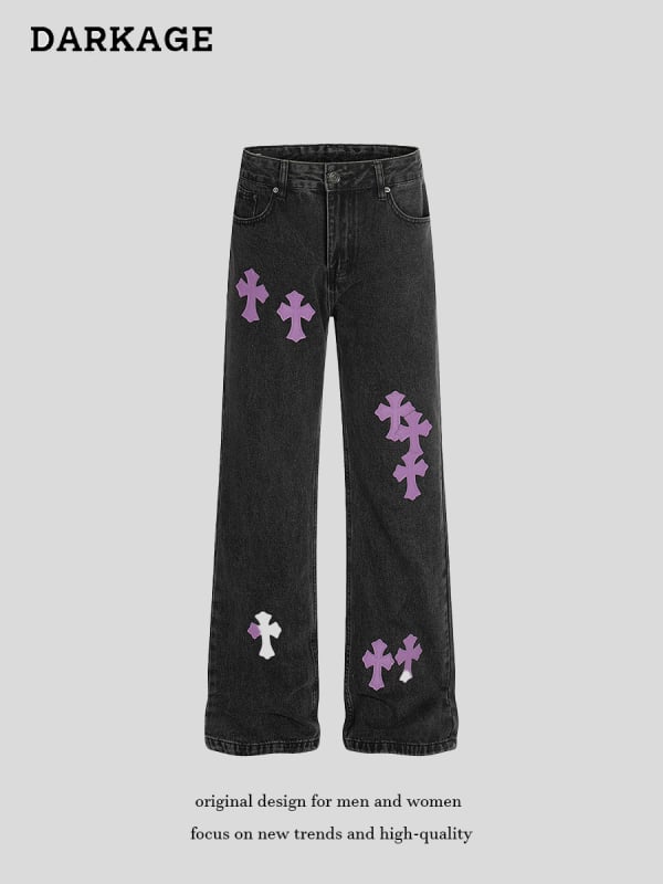 Traperice američkog street stila s kožnom aplikacijom u obliku križa, slim fit, unisex, isprane, ravne hlače, 2025