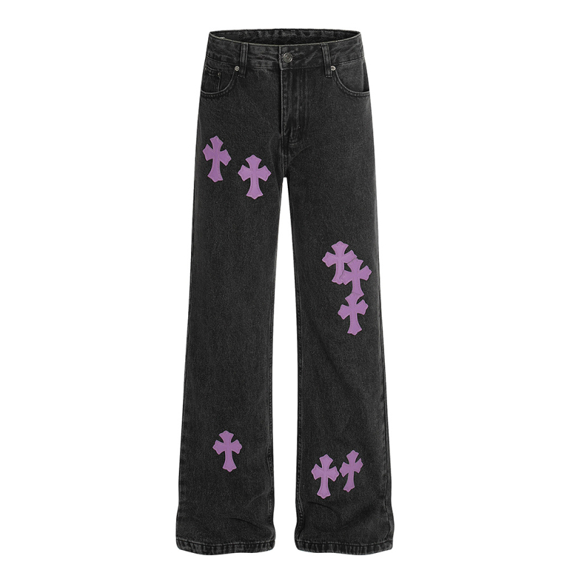 Traperice američkog street stila s kožnom aplikacijom u obliku križa, slim fit, unisex, isprane, ravne hlače, 2025