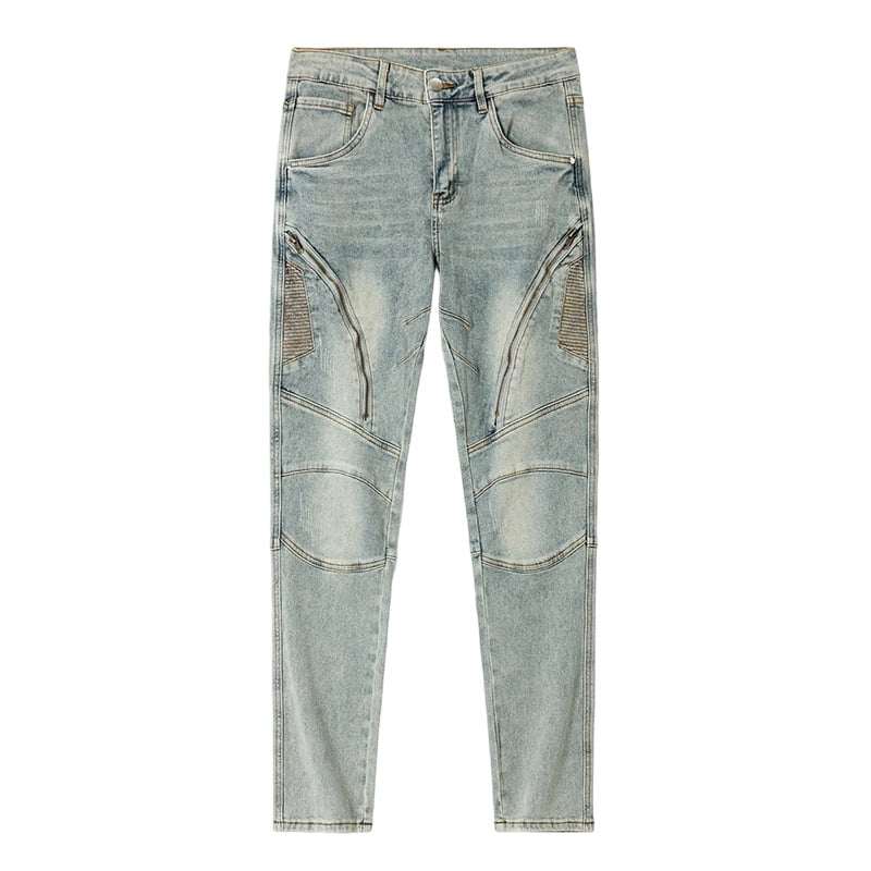 Muške traperice od denima, ravni kroj, srednji uspon, patchwork s ukrasom zatvarača, distressed efekt
