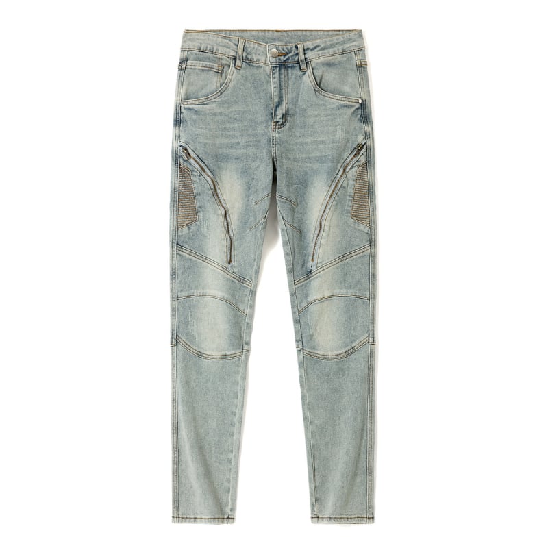 Muške traperice od denima, ravni kroj, srednji uspon, patchwork s ukrasom zatvarača, distressed efekt