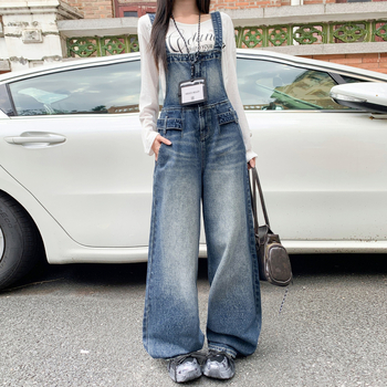 Denim kombinezon, opušteni struk, široke nogavice, jesen 2025, oprano