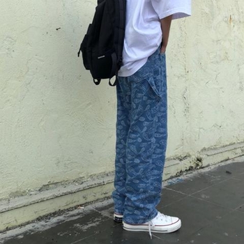 Traperice s pravim krojem, sveobuhvatna tisk i vezenje, srednji pojas, denim/pamučna tkanina, mikroelastičnost