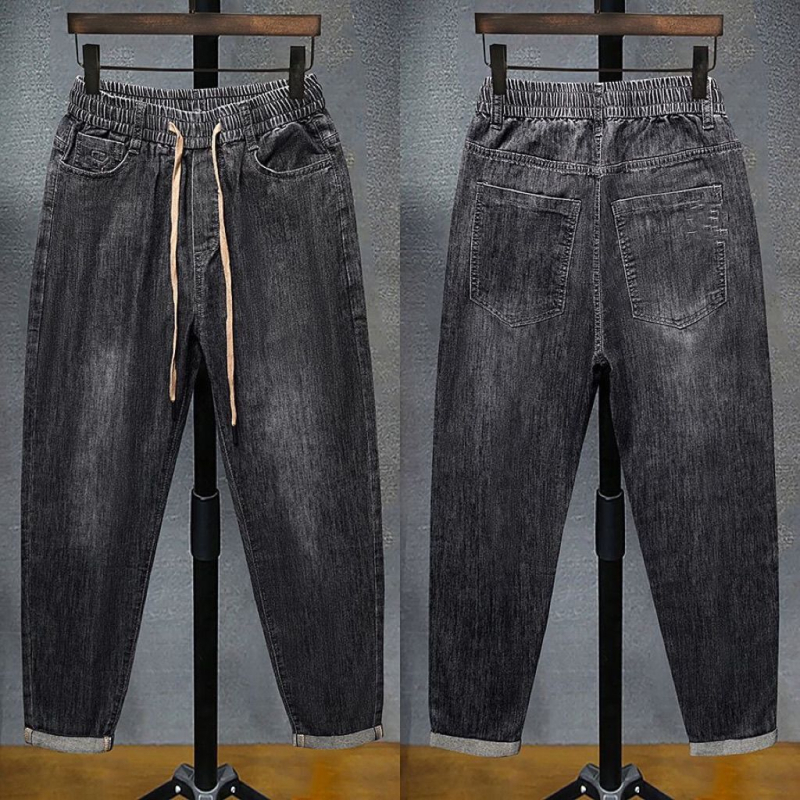 Muške traperice s elastičnim pojasom, ravni kroj (pamuk-denim, srednja visina struka, prednji zatvarač)