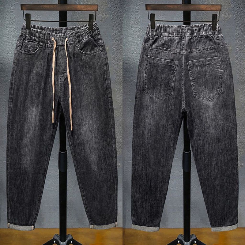 Muške traperice s elastičnim pojasom, ravni kroj (pamuk-denim, srednja visina struka, prednji zatvarač)