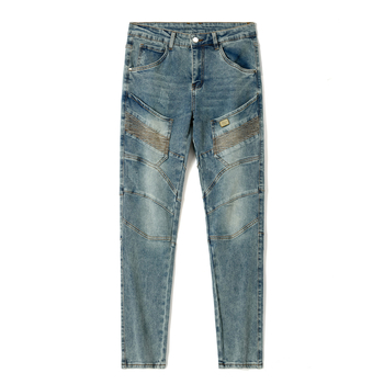 Férfi utcai stílusú farmernadrág, egyenes szárú, distressed és stone wash effektusokkal, Rabbit Hair denim, középmagas derék
