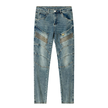 Férfi utcai stílusú farmernadrág, egyenes szárú, distressed és stone wash effektusokkal, Rabbit Hair denim, középmagas derék