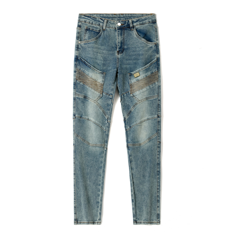Férfi utcai stílusú farmernadrág, egyenes szárú, distressed és stone wash effektusokkal, Rabbit Hair denim, középmagas derék