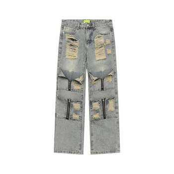 Muške baggy traperice, High Street stil, ravno krojenje, srednji pojas, zip, isprani završni sloj, pamuk-mješavina tkanina