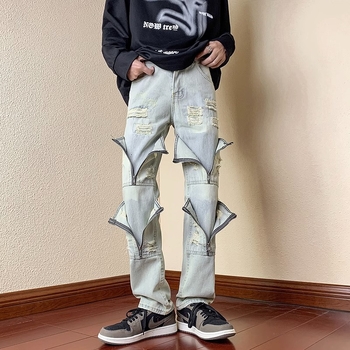 Muške baggy traperice, High Street stil, ravno krojenje, srednji pojas, zip, isprani završni sloj, pamuk-mješavina tkanina