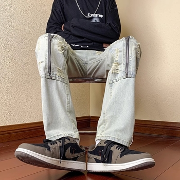 Muške baggy traperice, High Street stil, ravno krojenje, srednji pojas, zip, isprani završni sloj, pamuk-mješavina tkanina