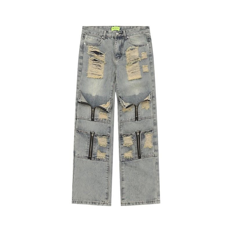 Muške baggy traperice, High Street stil, ravno krojenje, srednji pojas, zip, isprani završni sloj, pamuk-mješavina tkanina