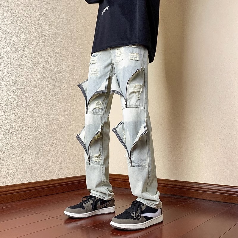 Muške baggy traperice, High Street stil, ravno krojenje, srednji pojas, zip, isprani završni sloj, pamuk-mješavina tkanina