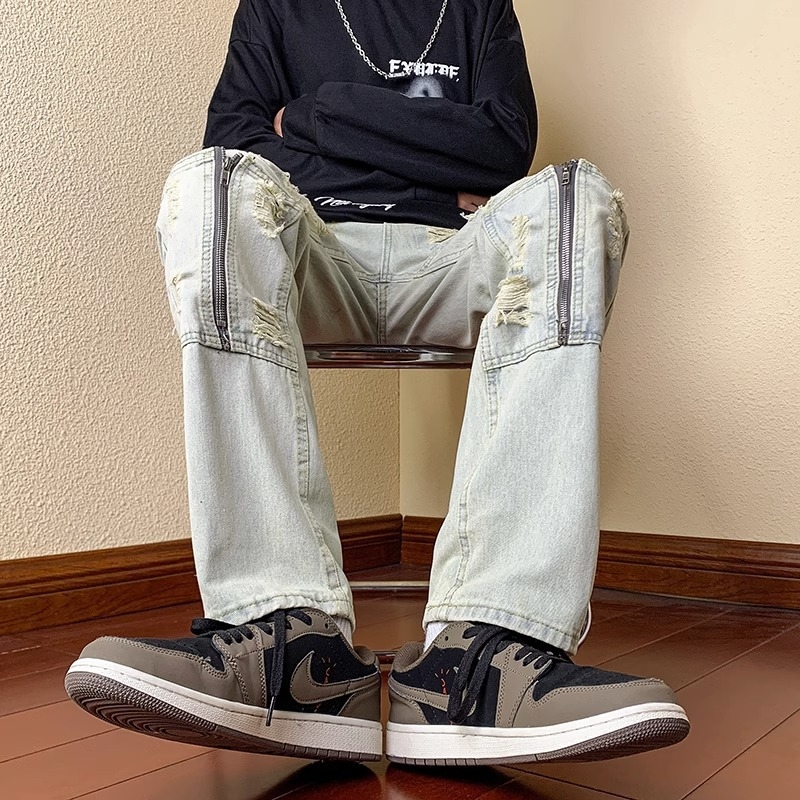 Muške baggy traperice, High Street stil, ravno krojenje, srednji pojas, zip, isprani završni sloj, pamuk-mješavina tkanina