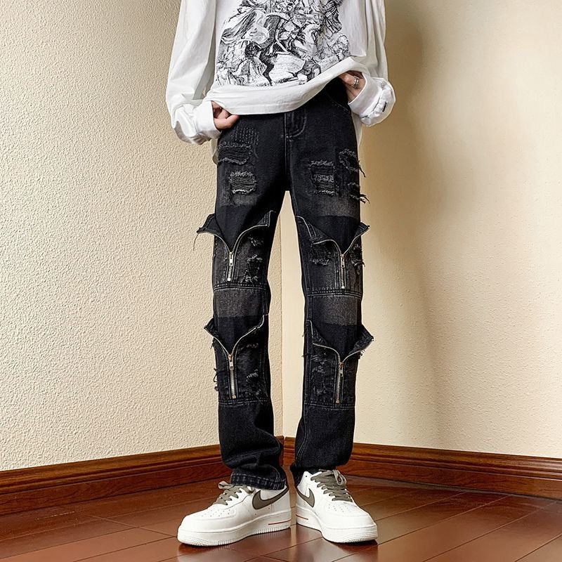 Muške baggy traperice, High Street stil, ravno krojenje, srednji pojas, zip, isprani završni sloj, pamuk-mješavina tkanina