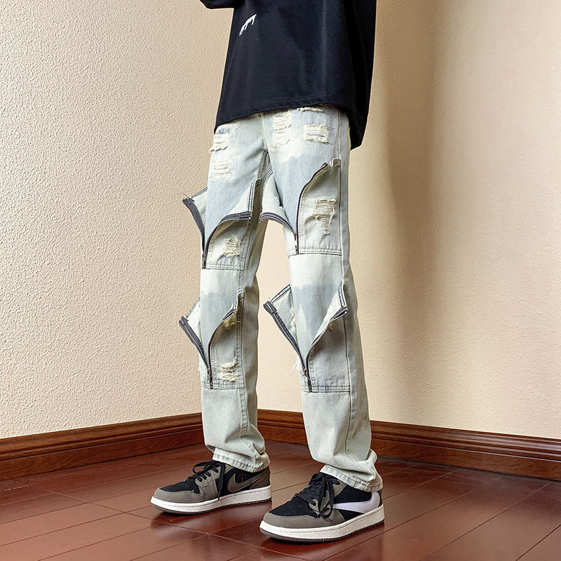 Muške baggy traperice, High Street stil, ravno krojenje, srednji pojas, zip, isprani završni sloj, pamuk-mješavina tkanina