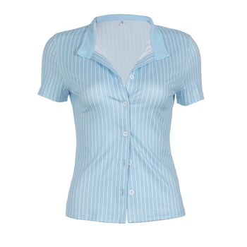 Ženska prugasta bluza s polo ovratnikom, kratkim puff rukavima, uska silueta, materijal od mliječne svile