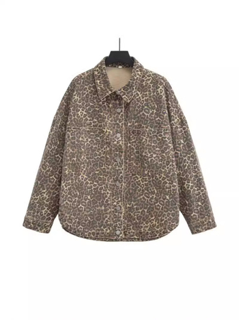 Leopard print pamukasti kaput s polo ovratnikom, jednostruko kopčanje, širok kroj