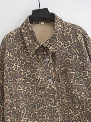 Leopard print pamukasti kaput s polo ovratnikom, jednostruko kopčanje, širok kroj