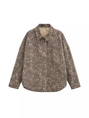 Leopard print pamukasti kaput s polo ovratnikom, jednostruko kopčanje, širok kroj
