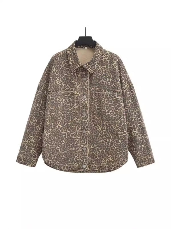 Leopard print pamukasti kaput s polo ovratnikom, jednostruko kopčanje, širok kroj
