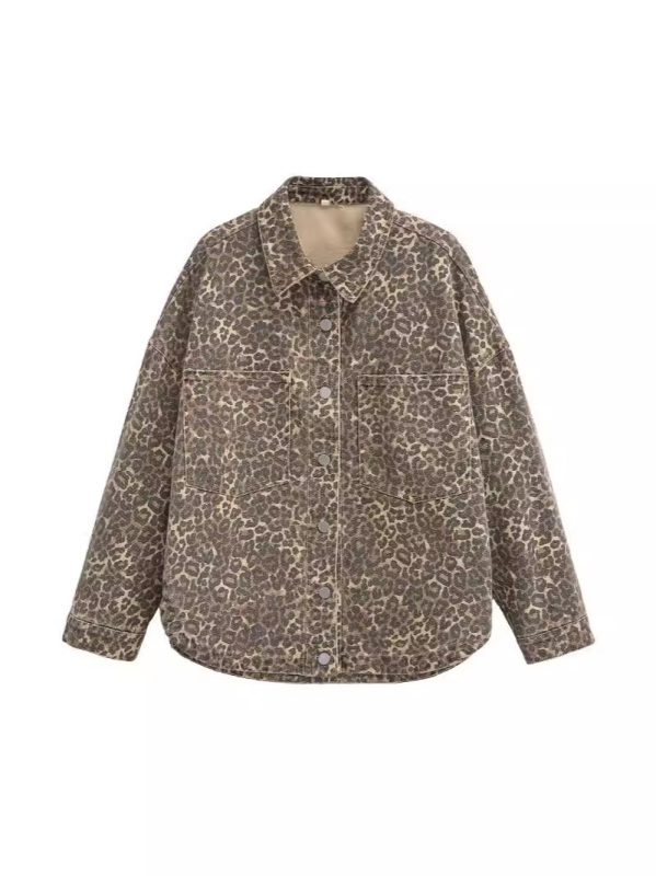 Leopard print pamukasti kaput s polo ovratnikom, jednostruko kopčanje, širok kroj