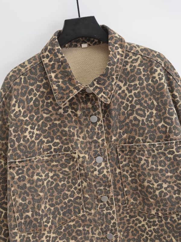 Leopard print pamukasti kaput s polo ovratnikom, jednostruko kopčanje, širok kroj