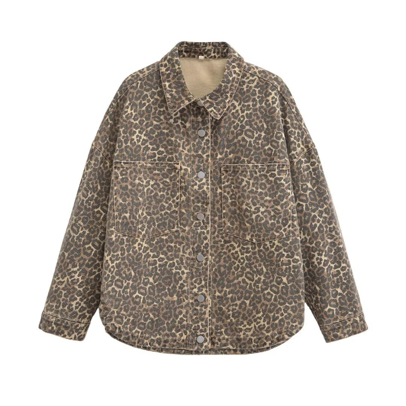 Leopard print pamukasti kaput s polo ovratnikom, jednostruko kopčanje, širok kroj