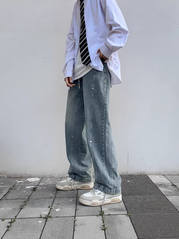 Muške traperice, labav kroj, denim patchwork, srednji pojas, zip