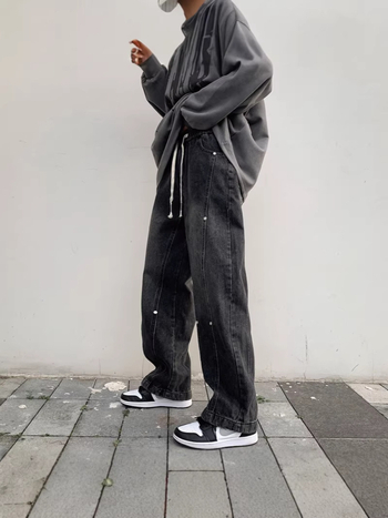 Muške traperice, labav kroj, denim patchwork, srednji pojas, zip