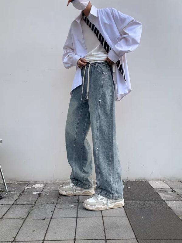Muške traperice, labav kroj, denim patchwork, srednji pojas, zip