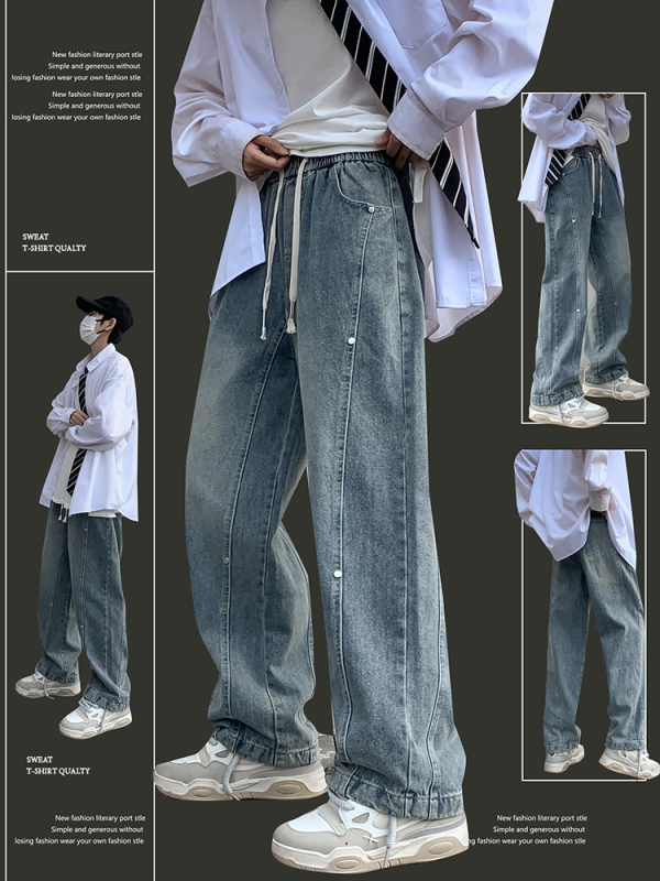 Muške traperice, labav kroj, denim patchwork, srednji pojas, zip