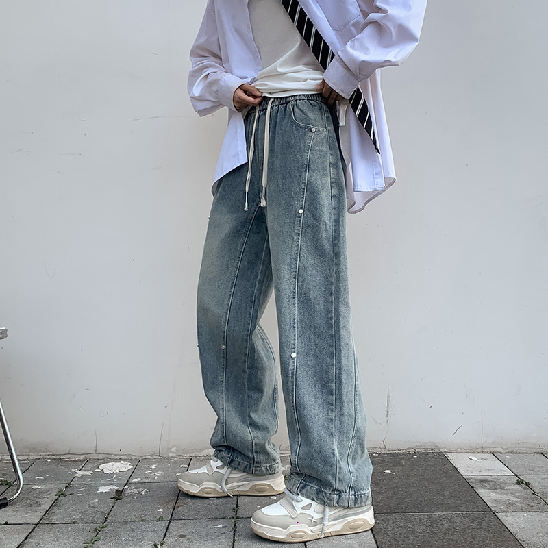 Muške traperice, labav kroj, denim patchwork, srednji pojas, zip