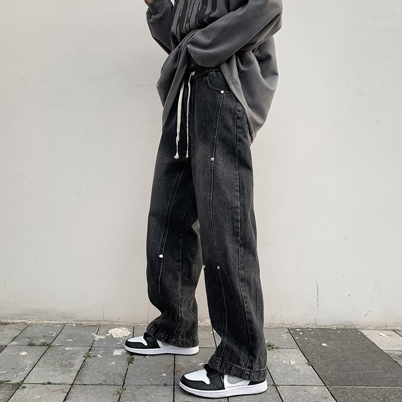 Muške traperice, labav kroj, denim patchwork, srednji pojas, zip
