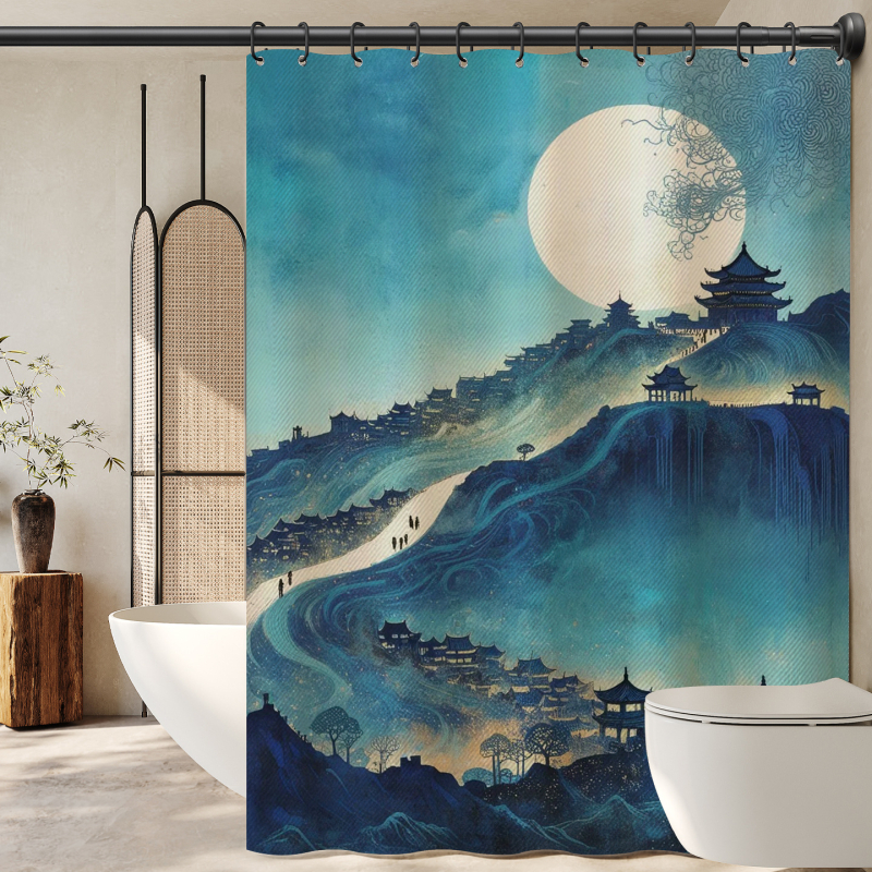 Завеса за баня с китайски стил и пейзажен мотив, полиестер, персонализирана обработка