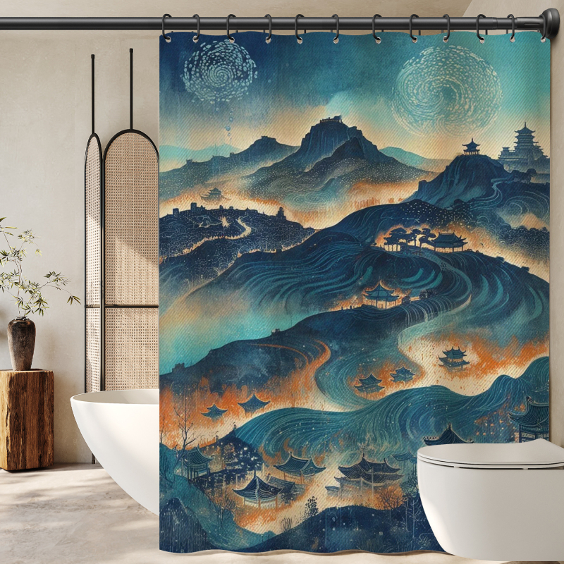 Завеса за баня с китайски стил и пейзажен мотив, полиестер, персонализирана обработка