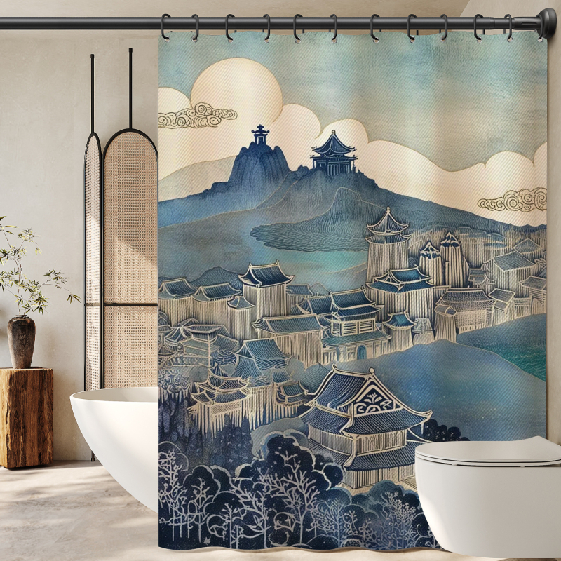 Завеса за баня с китайски стил и пейзажен мотив, полиестер, персонализирана обработка