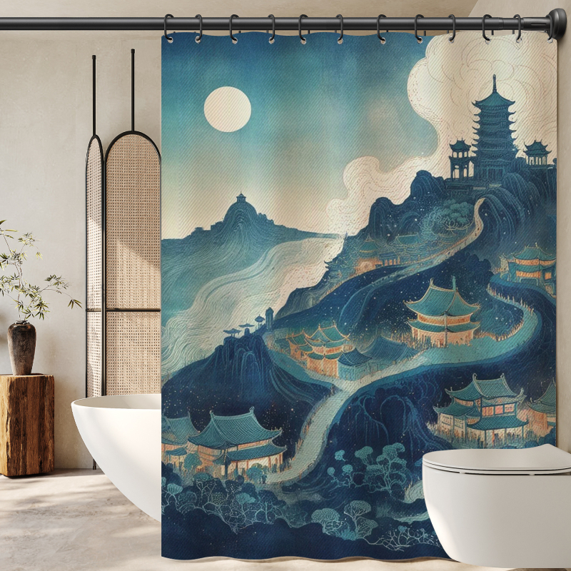 Завеса за баня с китайски стил и пейзажен мотив, полиестер, персонализирана обработка